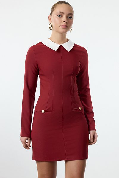 Trendyol Collection Rochie țesătă cu guler burgundă - Detaliată, TWOAW24EL00298