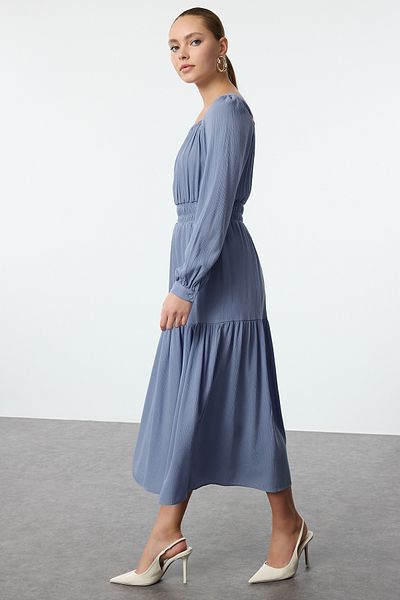 Trendyol Collection Rochie țesătă căptușită cu guler pătrat Indigo - Fusta cu deschidere în talie TWOSS24EL01102
