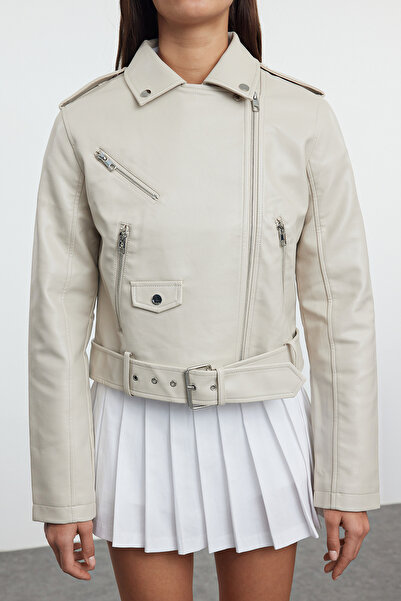Trendyol Collection Ecru motorkářská bunda z umělé kůže - Regular Fit Twoaw25Mo00002