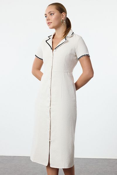Trendyol Collection Tweed szőtt midi ingruha - Ecru kiegészítőkkel, téli, TWOSS24EL01127