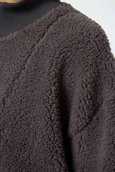 Trendyol Collection Plyšová antracitová mikina nadměrné velikosti - na zip, tlustá pletená Twoaw25sw00025