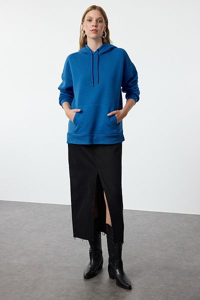 Trendyol Collection Hanorac tricotat Saks cu buzunar cangur cu glugă din lână - Croială largă TWOAW20SW0525