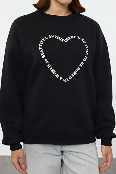 Trendyol Collection Черен плетен суитшърт с полар с голям принт на гърба - Twoaw25sw00200