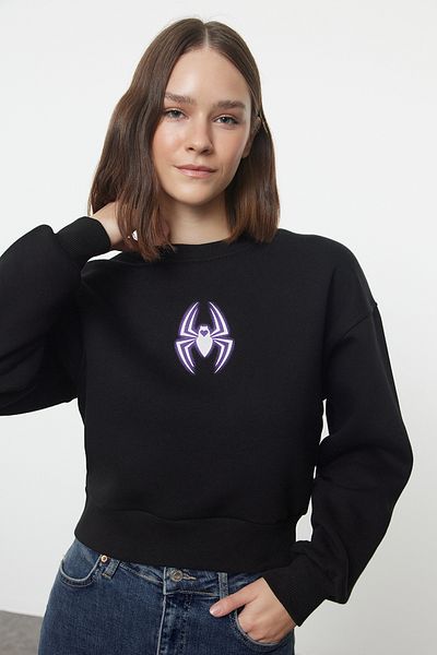 Trendyol Collection Черен поларен суитшърт с щампа на паяк - стандартна кройка Twoaw25sw00209