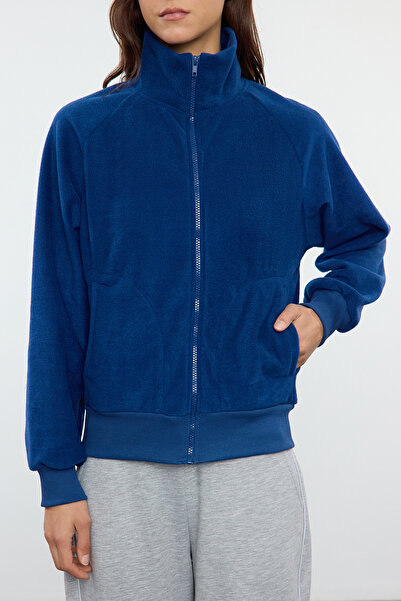 Trendyol Collection Fleecová pletená mikina v námořnické modré - límeček na zip, Regular Fit TWOAW25SW00084