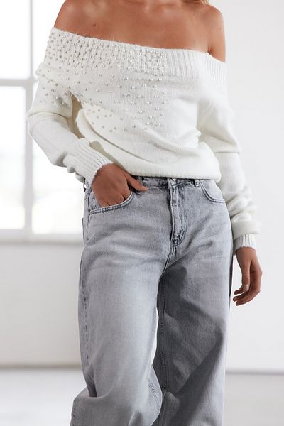 Trendyol Collection Ecru-Farbe – Strickpullover mit U-Boot-Ausschnitt, breiter Passform und Perlendetails, TWOAW25KZ00315 (Limited Edition)