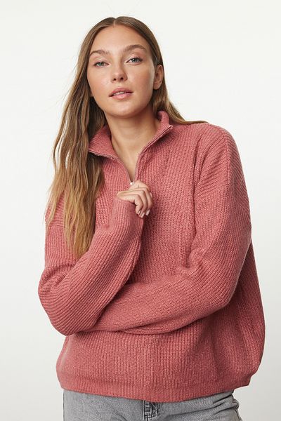 Trendyol Collection Rose Dry Weich strukturierter Pullover mit Reißverschluss TWOAW20XS0009