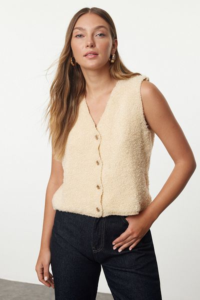 Trendyol Collection Soft Textured Boucle Vest - Stone, Twoaw25Ye00012