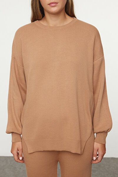 Trendyol Collection Balloon Sleeve Wide Fit Camel Knitwear Set - Twoaw24au00067