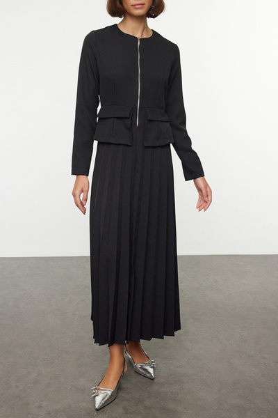Trendyol Modest Πλισέ μαύρο υφαντό φόρεμα - Λεπτομερές φερμουάρ Tctaw25eb00120