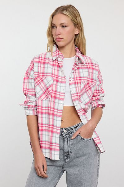 Trendyol Collection Cămașă țesătă în carouri roz Wide Fit - Ovesrize TWOAW25GO00101
