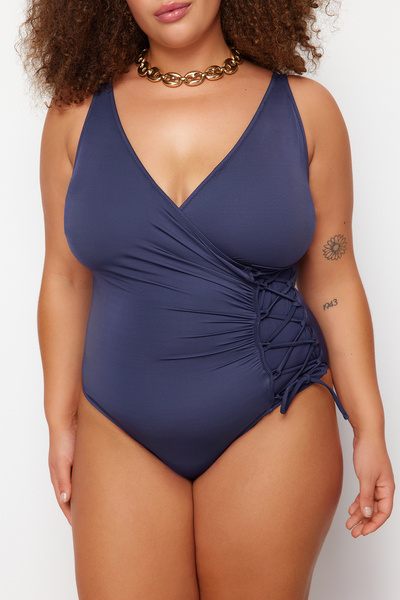 Trendyol Curve Темно-синій двобортний купальник зі шнурівкою TBBSS23AM00034