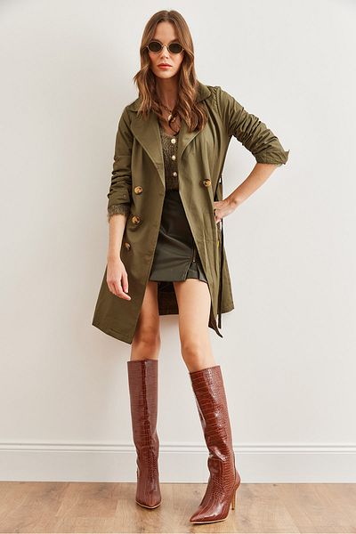 Olalook Dünner Trenchcoat für Damen in Khaki – Knöpfe und Taschen, ungefüttert, TRC- 00000008