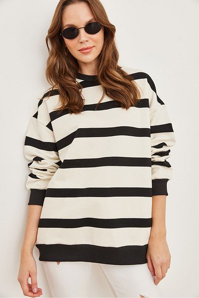 Olalook Ecru Black Striped Oversize Sweatshirt - Raster Thick Design Swt- 19000665