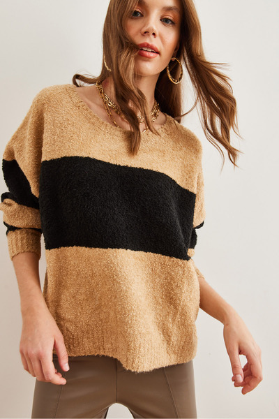 Olalook Camel Colored Soft Knitwear Sweater - Kzk with Thick Stripe Detail 19000823