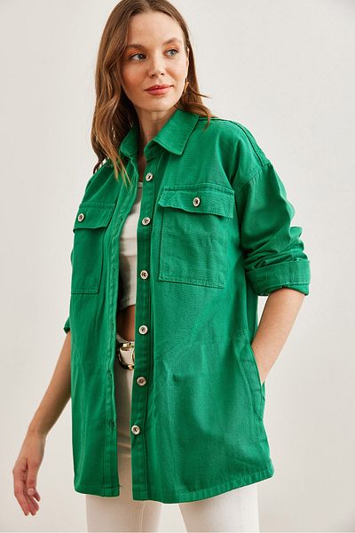Olalook Grass Green Oversize Gabardine γυναικείο πουκάμισο - 4 τσέπες GML- 19001247