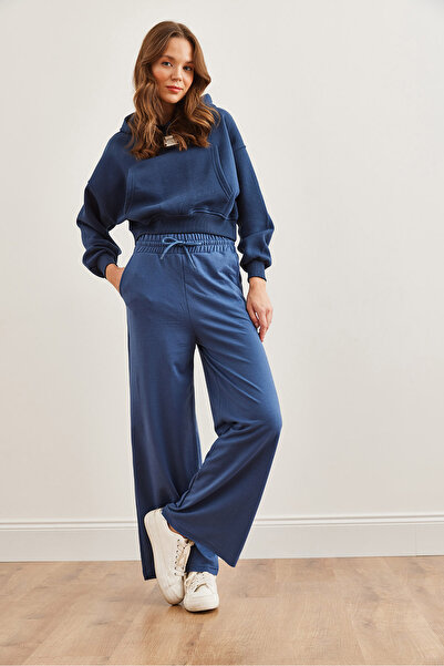 Olalook Indigo Women's Sweatpants - Pockets and Waist Laces, Wide Leg Eşf- 00000075