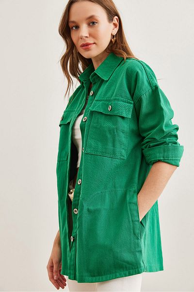 Olalook Grass Green Oversize Gabardine γυναικείο πουκάμισο - 4 τσέπες GML- 19001247
