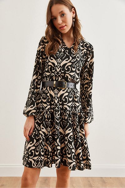 Olalook Schwarzes Volant-Damenkleid mit V-Ausschnitt – ELB- 19000989