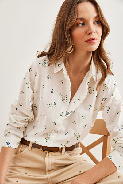 Olalook Kadın Minik Çiçek Vizon Manşetli  Keten İçerikli Gömlek GML-19001248