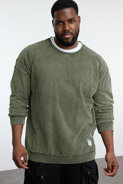 Trendyol Collection Khaki 100% Cotton Large Size Oversize/Wide Cut Distressed/Slat Effect Sweatshirt Tmnaw24Ao00031
