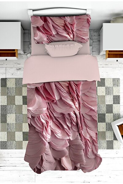 Pelangi Modern Genç Odası Pembe 3 Boyutlu  Yatak Örtüsü ve Yastık Kılıfı Pike