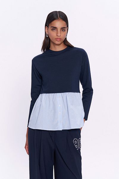 Quzu Navy Blue Striped Long Sleeve Sweatshirt - Match Detailed