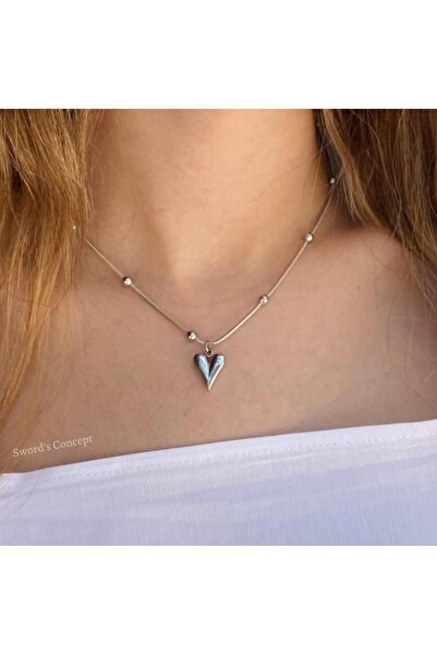 stainless steell Topçuk Detaylı Kalpli Çelik Kolye