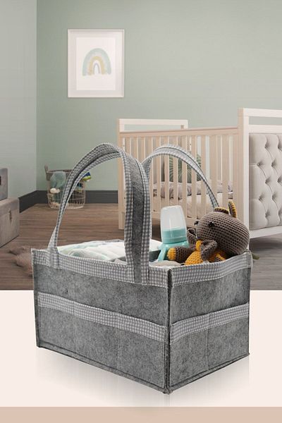 JASPER Gray Felt Mother Baby Care Bag Organizer with Square Stripes