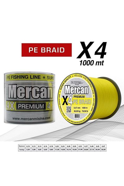 Mercan Yellow X4 Pe Braid - 1000m Coil Fishing Line