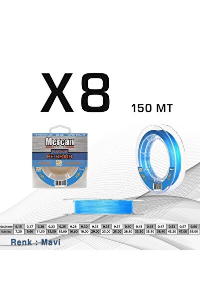 MERCAN MİSİNA Mercan Platinum Pe 8x Örgü Ip 150 M Mavi Makara Misina