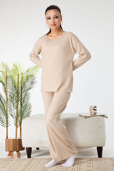 TOFİSA Beige Women's Tracksuit Set - Plain Crew Neck - 22486
