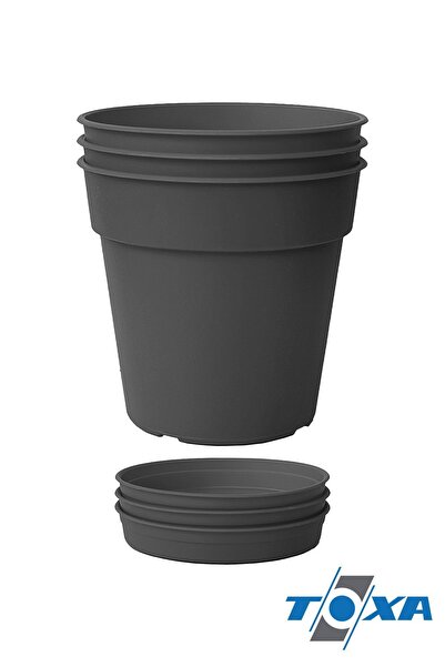 ToXA 3 Adet 0.4 Litre Gri Terakota Saksı Tabaklı Izgarasız Mat Plastik Saksı