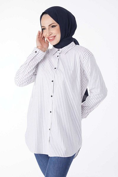 TOFİSA Plain Shirt Collar Women's White Striped Shirt - 25039