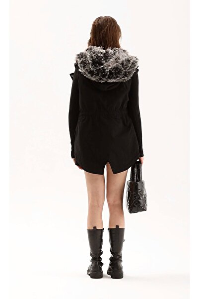 THIMOON Women's Black Fur Lined Hooded Sleeveless Puffer Vest