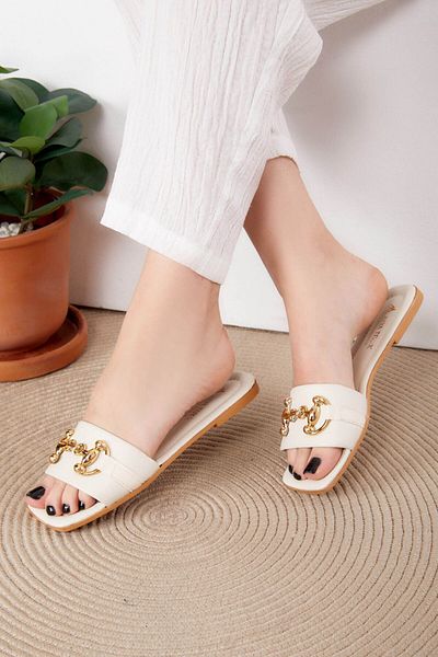 TOFİSA Beige Women's Slippers - Buckle, Model 25531