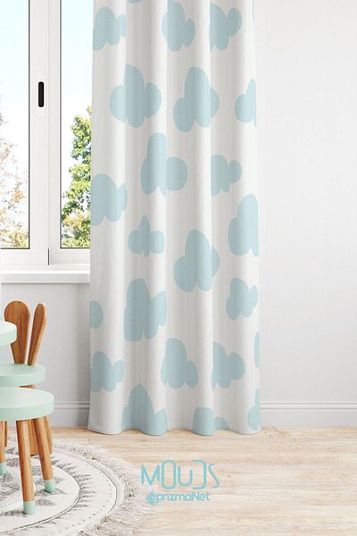 Moud's Blue Cloud Patterned Children's and Baby's Room Suede Printed Extra String - Single Wing