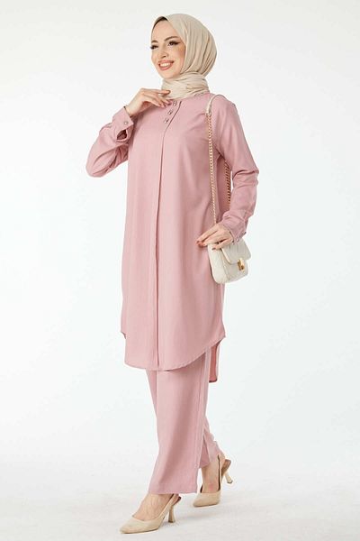 TOFİSA Pink Women's Tunic and Trousers - Plain Crew Neck - 13122