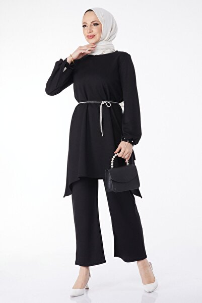 TOFİSA Black Stone Detailed Women's Double Suit - Crew Neck, Stone Mouth Sleeve - 24611