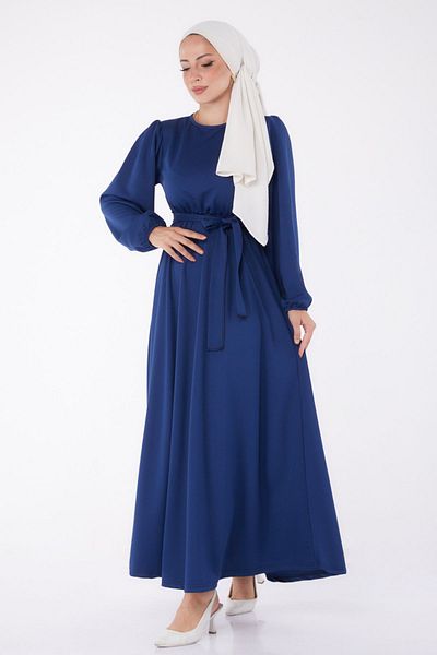 TOFİSA Marineblaues Damenkleid – schlichter Rundhalsausschnitt, Kordelzug – 13246