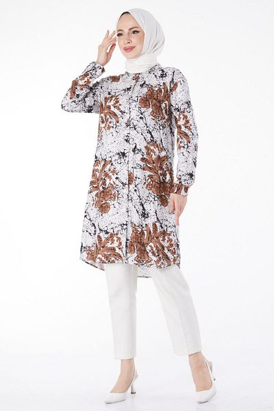 TOFİSA Plain Shirt Collar Women's Brown Patterned Tunic - 25042