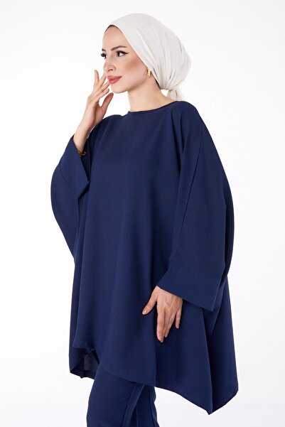 TOFİSA Plain Crew Neck Women's Navy Blue Bat Sleeve Two-Piece Set - 13196