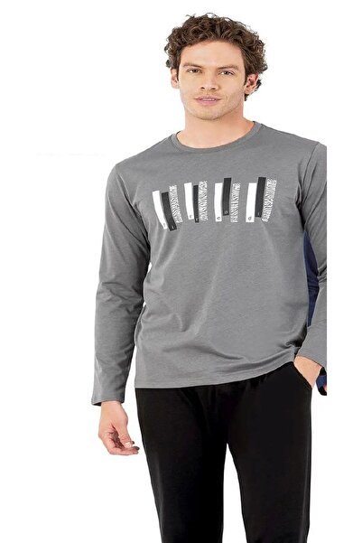 Pierre Cardin Чоловічий піжамний комплект - сірий, бавовняний, трикотажний, з довгими рукавами, кишенями, коміром-стійкою, симетричним принтом