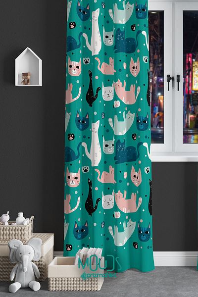 Moud's Green Cats Patterned Suede Curtain - Children's and Baby's Room, Digital Printed Extra-For Gather, Single Wing