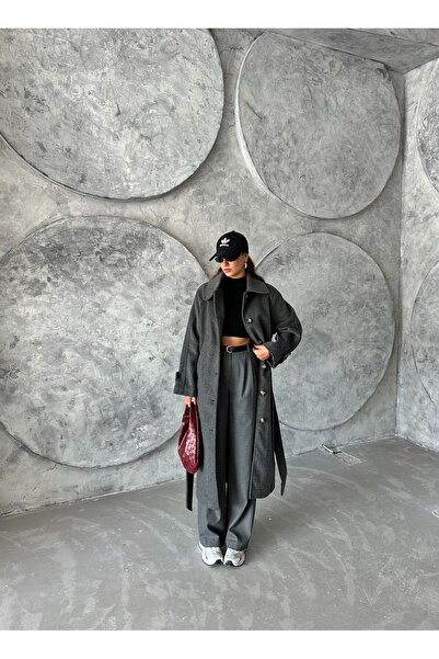 Laluvia Anthracite Winter - Belted and Back Slit Coat 54492