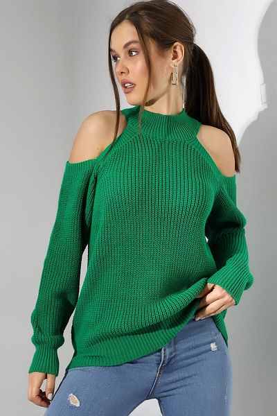 Devinka Pulover de damă, verde, pe jumătate de pescar, cu umăr decoltat