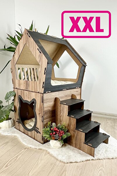 Onix Home XXL MODEL DEKORATİF AHŞAP BÜYÜK TERASLI KEDİ EVİ 5KG VE ÜZERİ KEDİL...