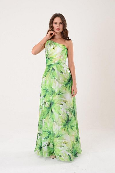 SpringStore Rochie de seara cu un singur umar cu imprimeu verde