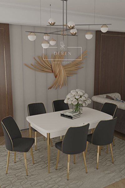 DEREN HOME Parla Gold Serisi 80x130 MDF Masa + 6 Adet Silinebilir Kumaş Siyah...