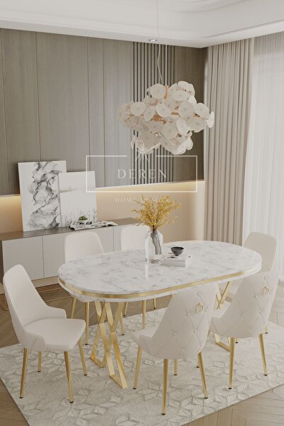 DEREN HOME Fe Serisi Lak Panel Mdf Beyaz Silinebilir Kumaş Gold Ayak Masa Tak...